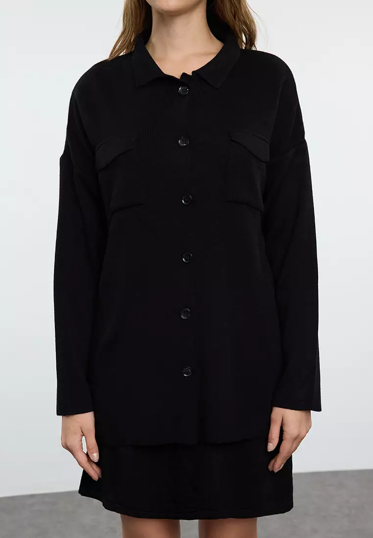 Black Mini Knitwear Basic Cardigan Dress