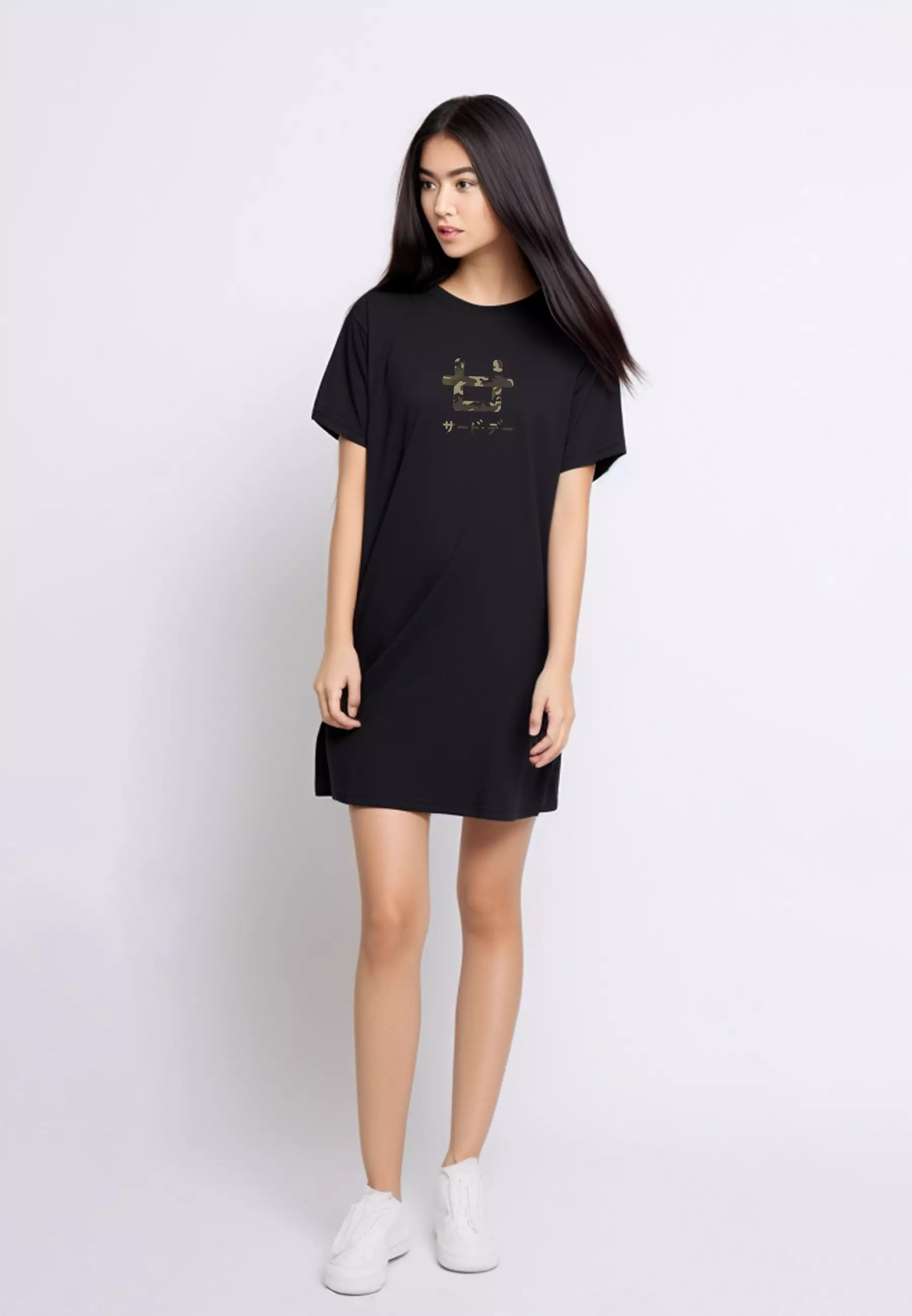 LTE99 long dress kaos t shirt wanita oversize hitam logo icon camo hijau