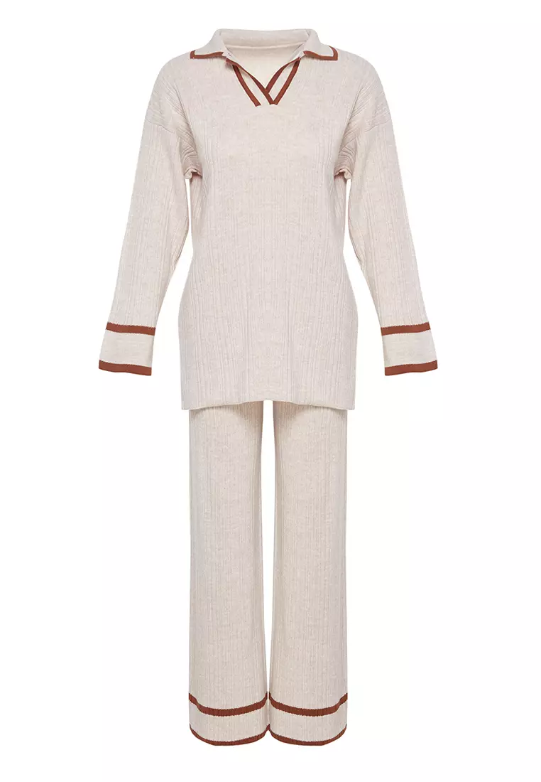Stone Brown Piping Knitwear Sweater Trousers Bottom-Top Set TCTAW25US00015