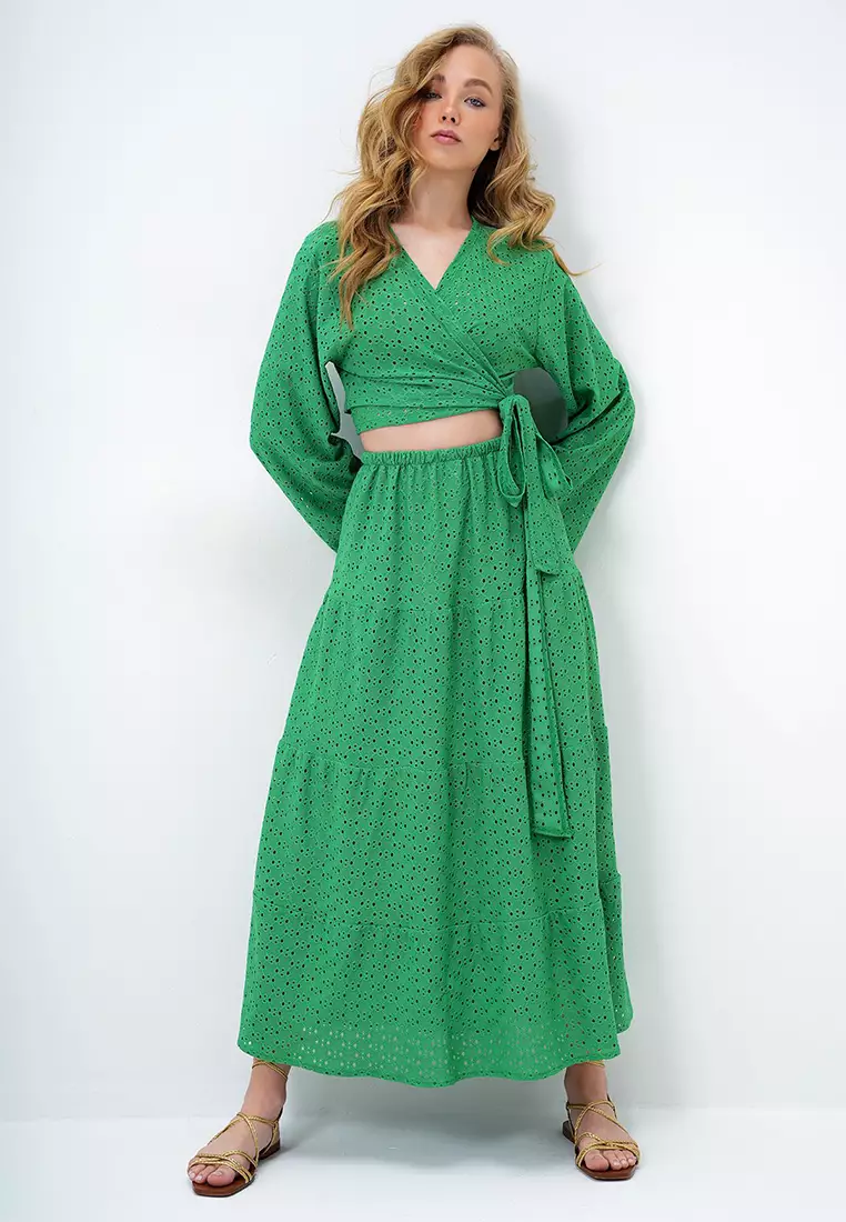 Women's Green Katkat Flounce Guipure Premium Skirt Alc-X14141