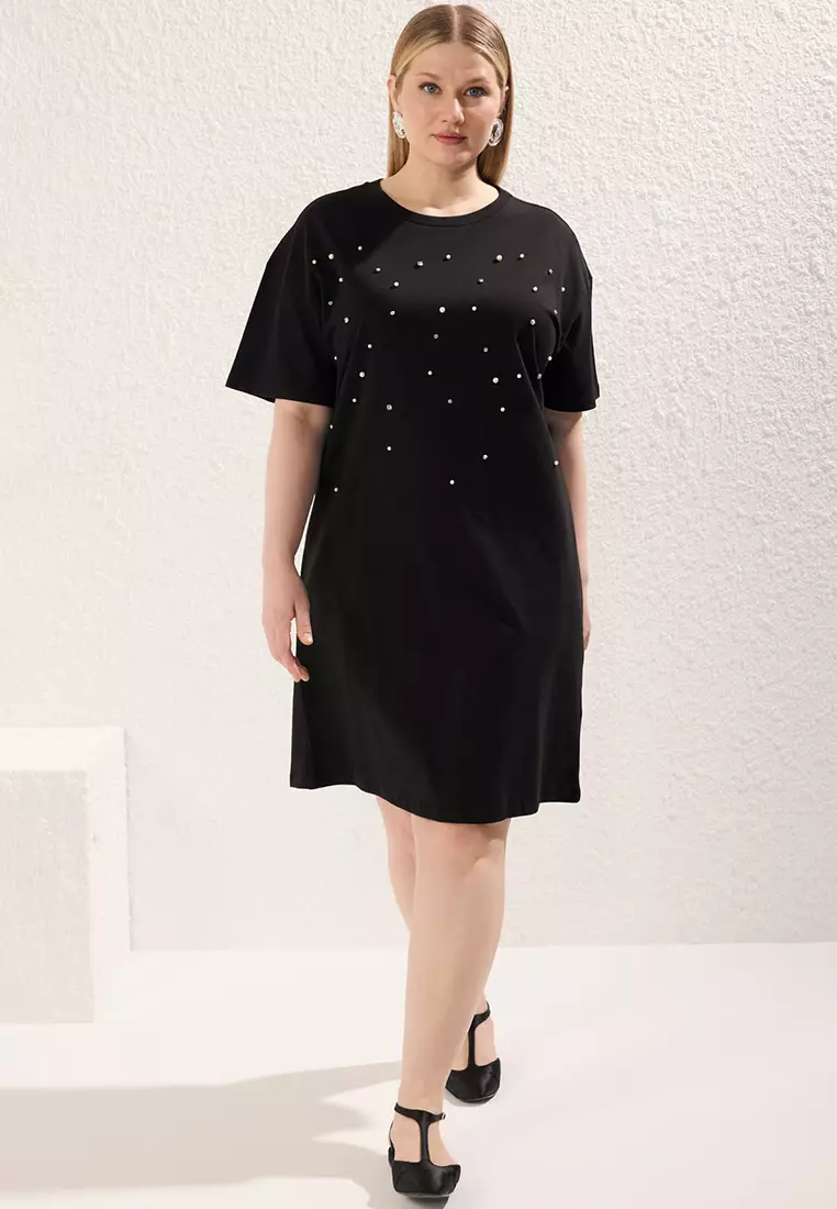 Crew Neck Stoned Plus Size Knitted Dress