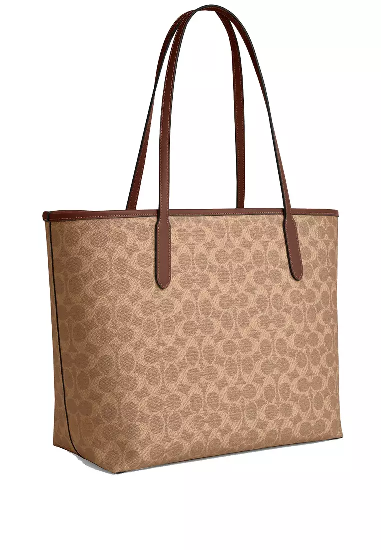 City Tote Bag In Signature Canvas - Tan Brown