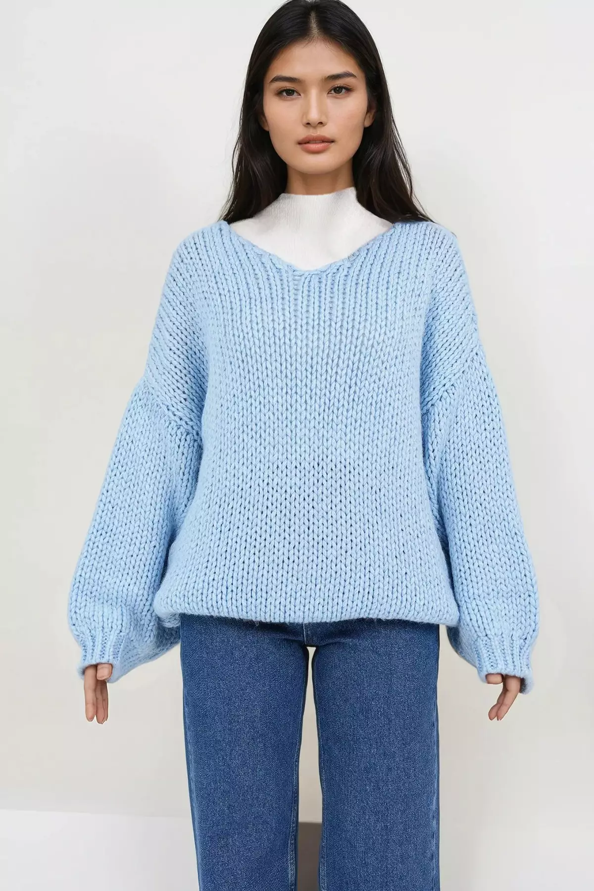 Blue V-Neck Thick Thessaloniki Knitted Soft Textured Oversize Sweater Alc-X14850