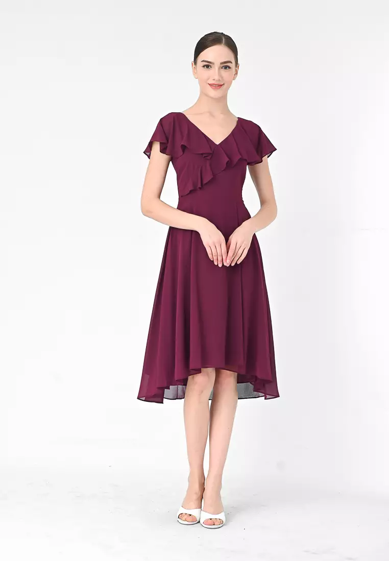 V-Neckline Chiffon Midi Dress