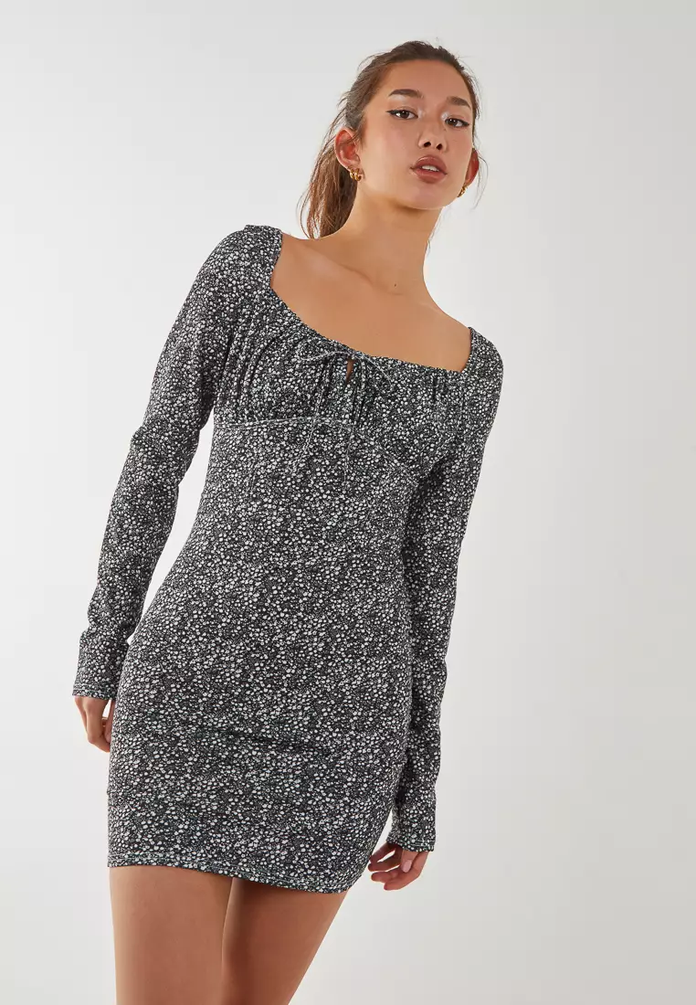 Pink Vanilla Black Long Sleeve Ditsy Floral Dress