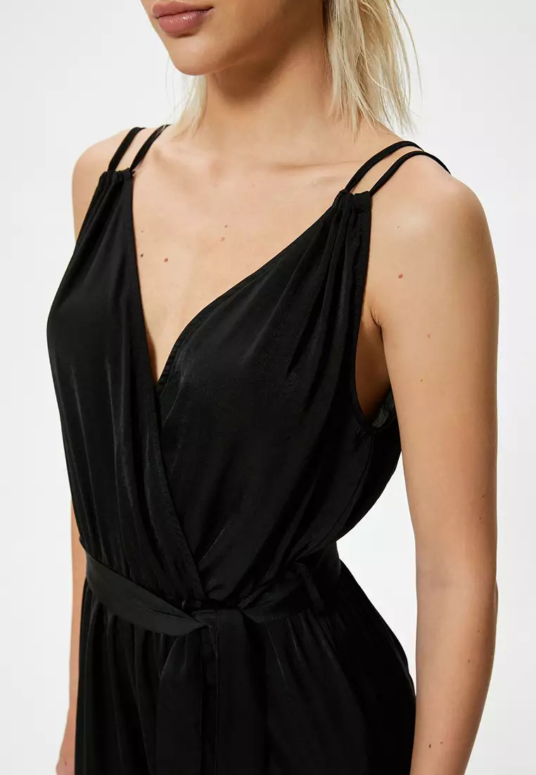 Strap Double Breasted Collar Jumpsuit Belted Wide Leg Full Length