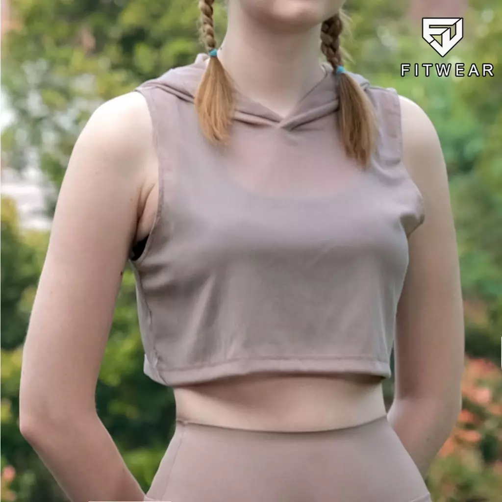 Fitwear - Tanktop Crop Jaring / Mesh / Sheer Olahraga ESTHER OUTER HOODIE CRP - KHAKI