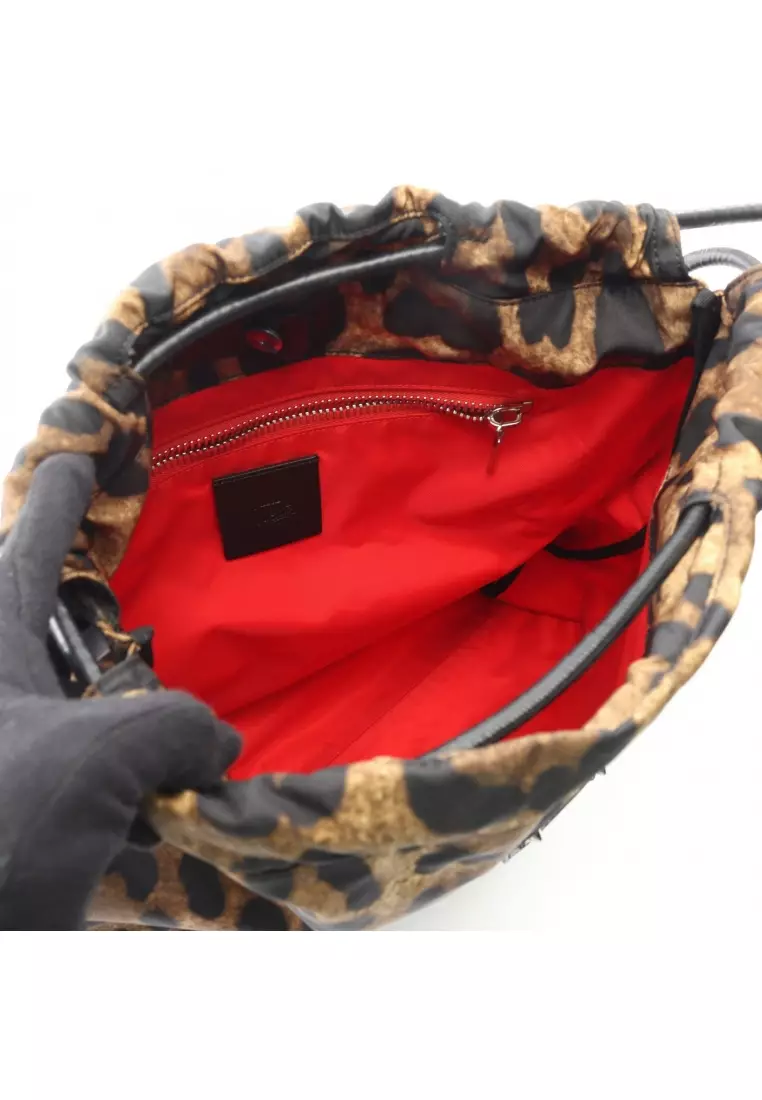 Pre-Loved CHRISTIAN LOUBOUTIN Backpack rucksack knapsack leopard Nylon leather Brown black purse
