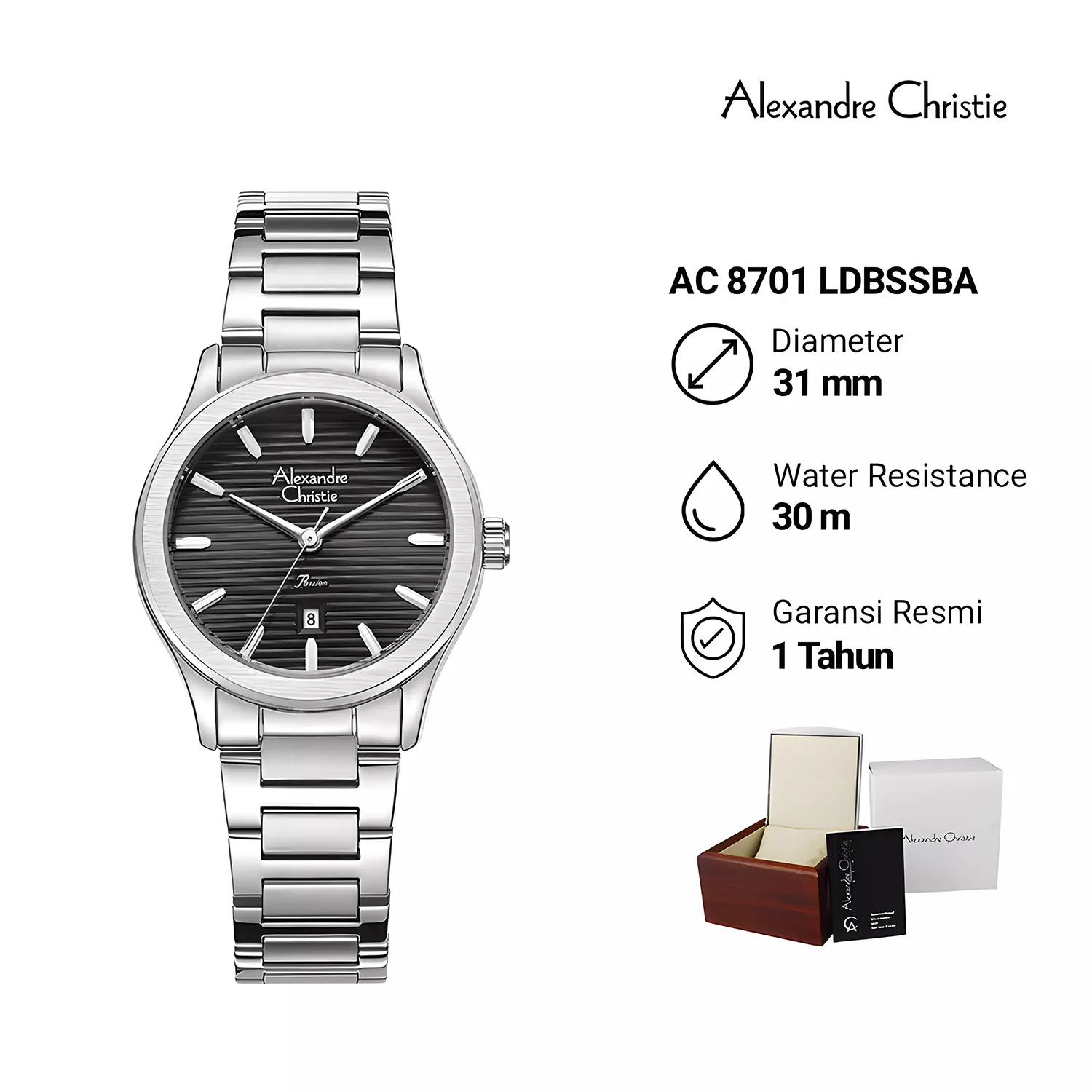 Alexandre Christie Classic Steel Jam Tangan Analog Wanita - Black Dial - All Stainless Steel - 8701 LDBSSBA