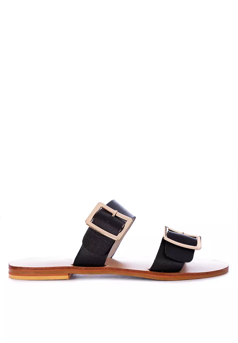 Two Strap Leather Slide Flats