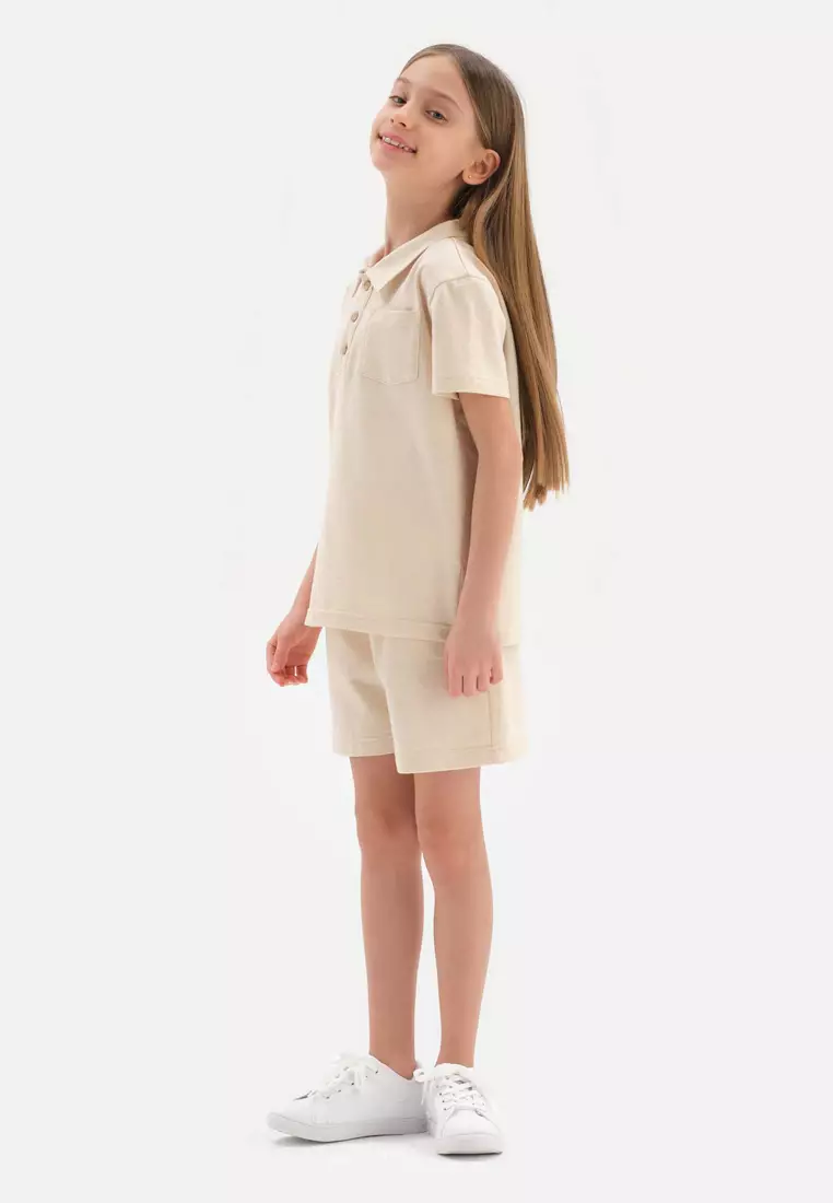 Beige Tshirts, Polo Neck, Regular, Short Sleeve Loungewear for Girls