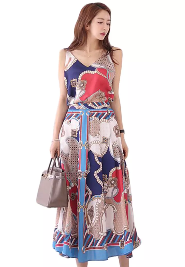 2024 S/S Korean new style sleeveless V-neck strap top fashion print pleated skirt suit CA23050408
