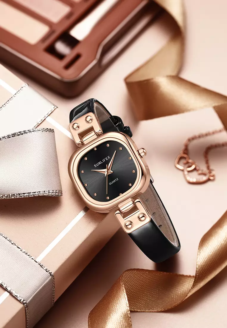 Jam Tangan Wanita Original Gaya Korea Tali Kulit Simple Anti Air Jam Tangan Cewek allblack