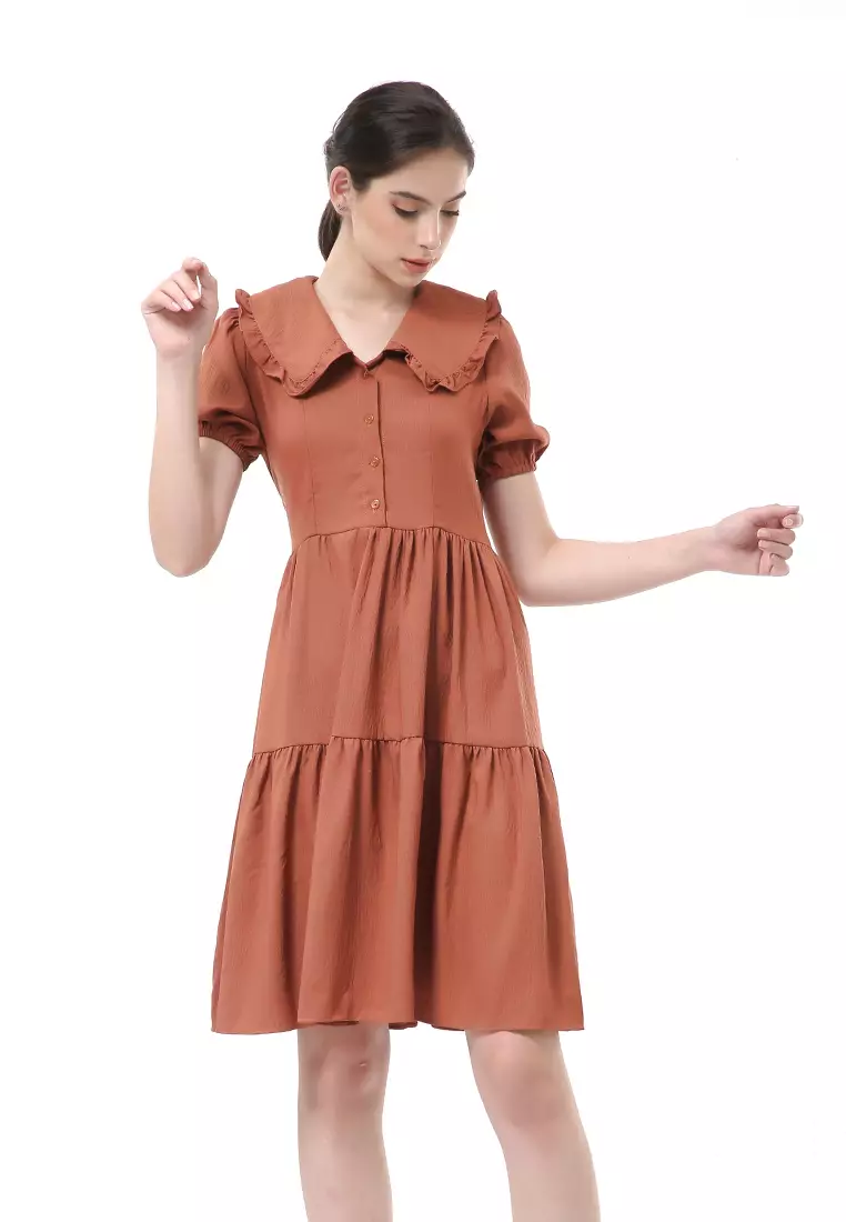 Rachel Dress Rample Wanita Collar Vintage Button Layer Trap Lengan Pendek Material Cey Flow ORIGINAL - Bata