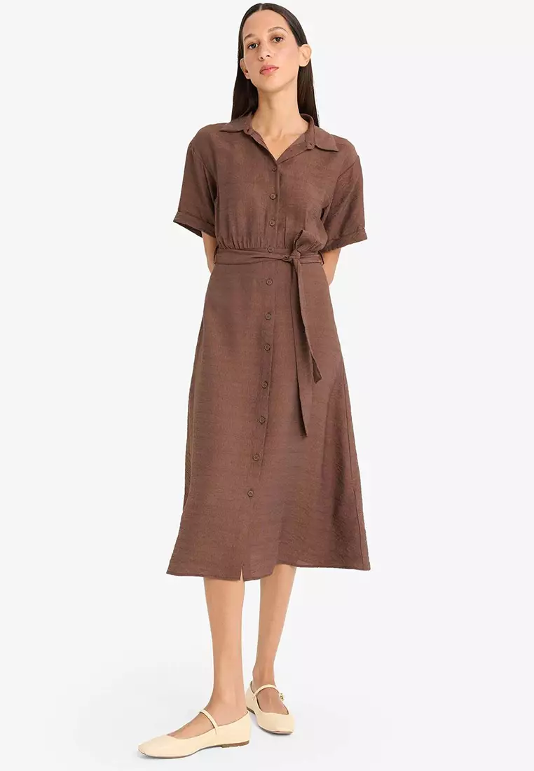 Shirt Collar Belted Short Sleeve Red Midi Summer Dress F2113Ax25Sm