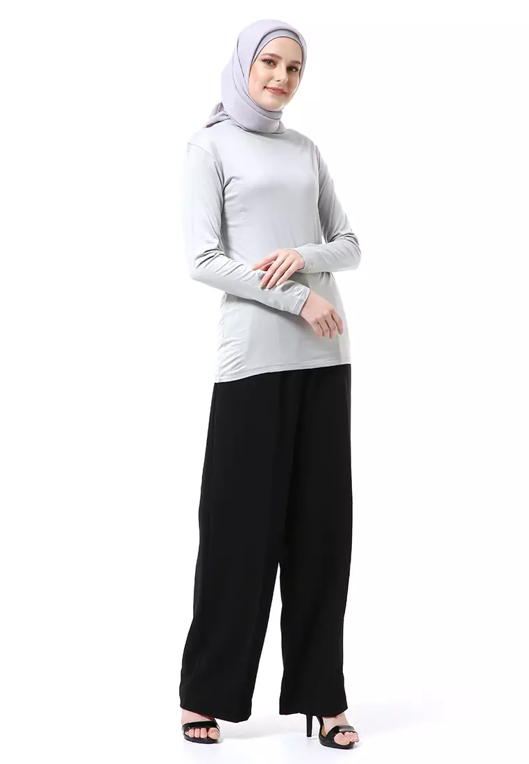 Zlora Manset Atasan Wanita Motif Polos Long Sleeve Reguler Fit - Silver