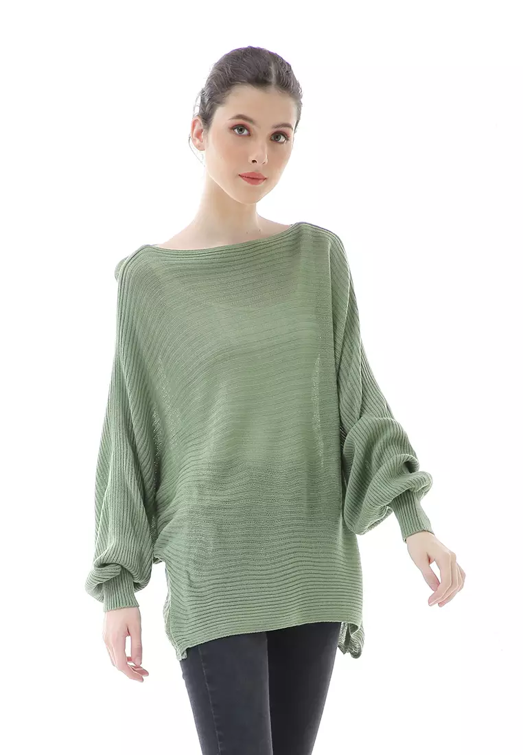 Eveline Sweater Rajut Batwing Atasan Wanita Motif Polos High Quality - Hijau Mint