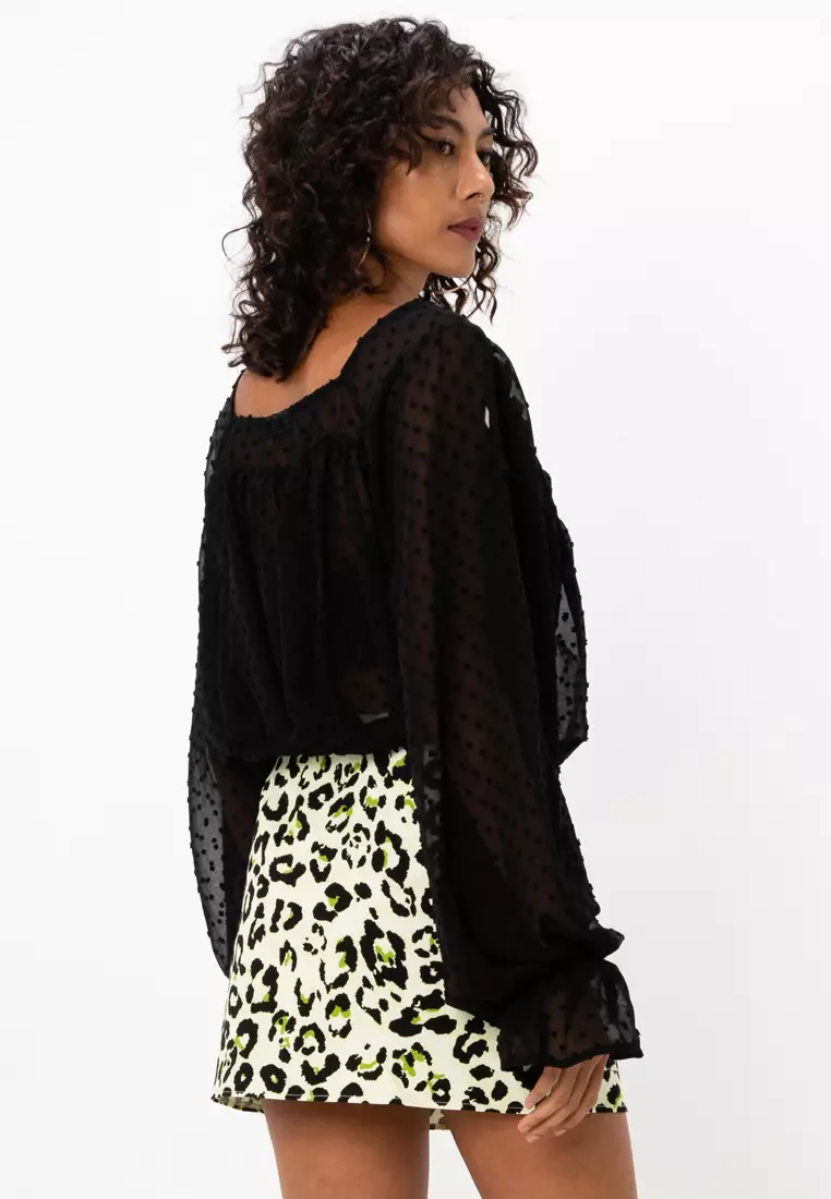 Volume Sleeves Tie Front Dobby Blouse