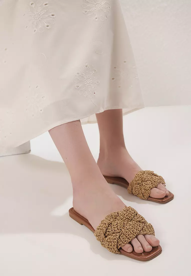Camel Knitted Women's Straw Slippers Takss25Te00030
