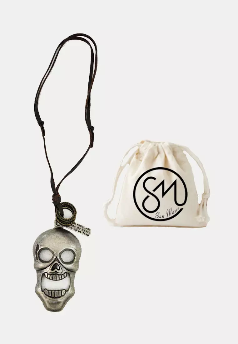 Aksesoris Pria Skull Face Leather Necklace Kalung Pria Silver