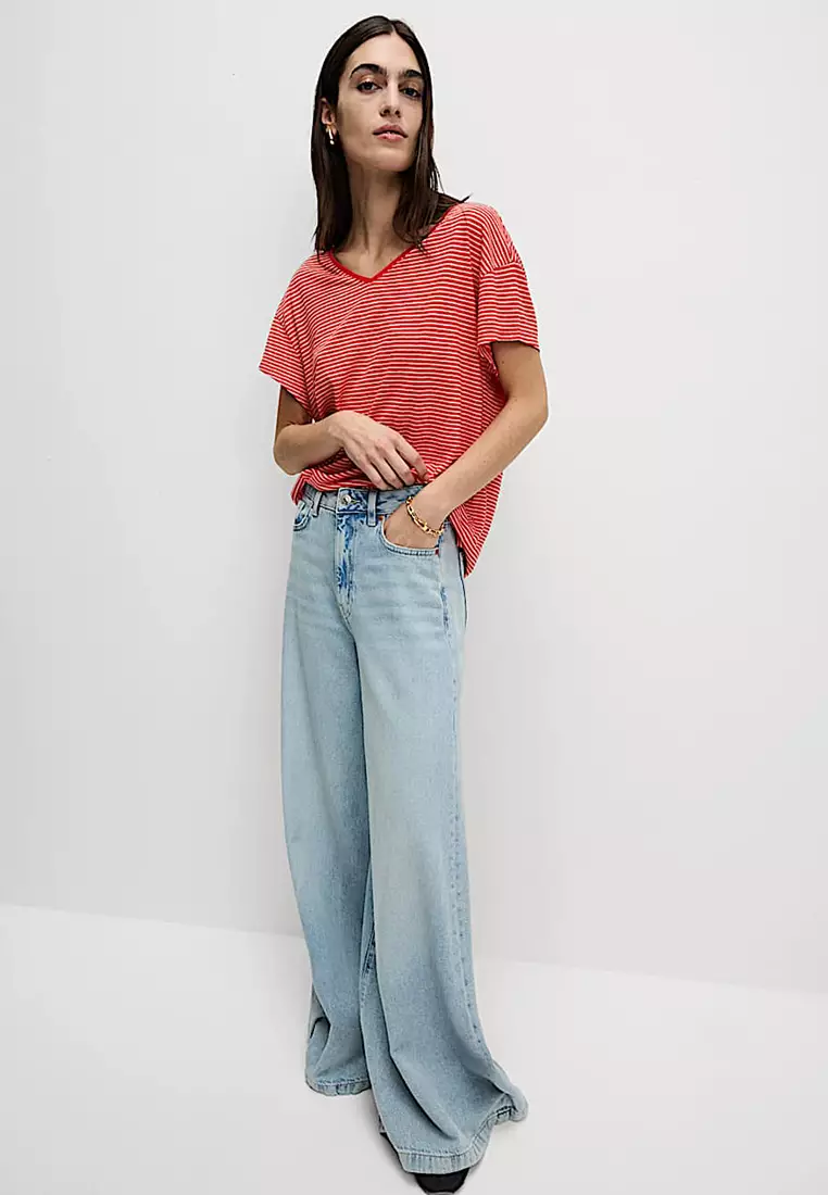 Linen Blend Striped V-Neck T-Shirt