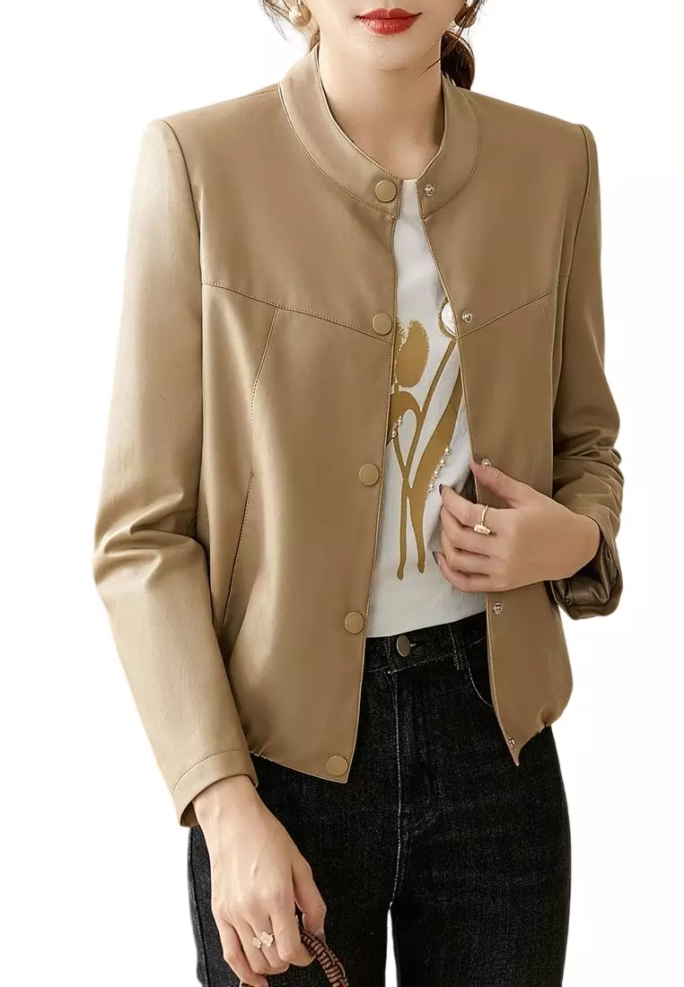 Women's Solid Color Notched Collar PU Leather Jacket And Pocket Skirt Suit