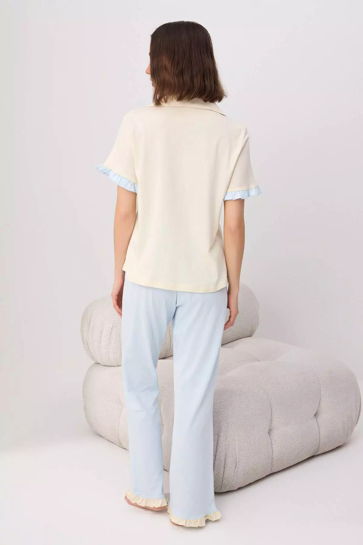 Ecru-Blue 100% Cotton Ruffle Detailed Knitted Pajama Set Thmss24Pt00223