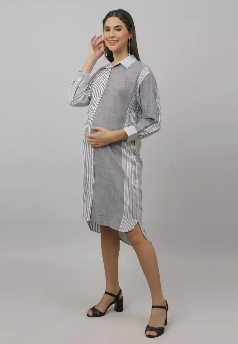 铬珍珠孕妇和哺乳期大廓形衬衫连衣裙