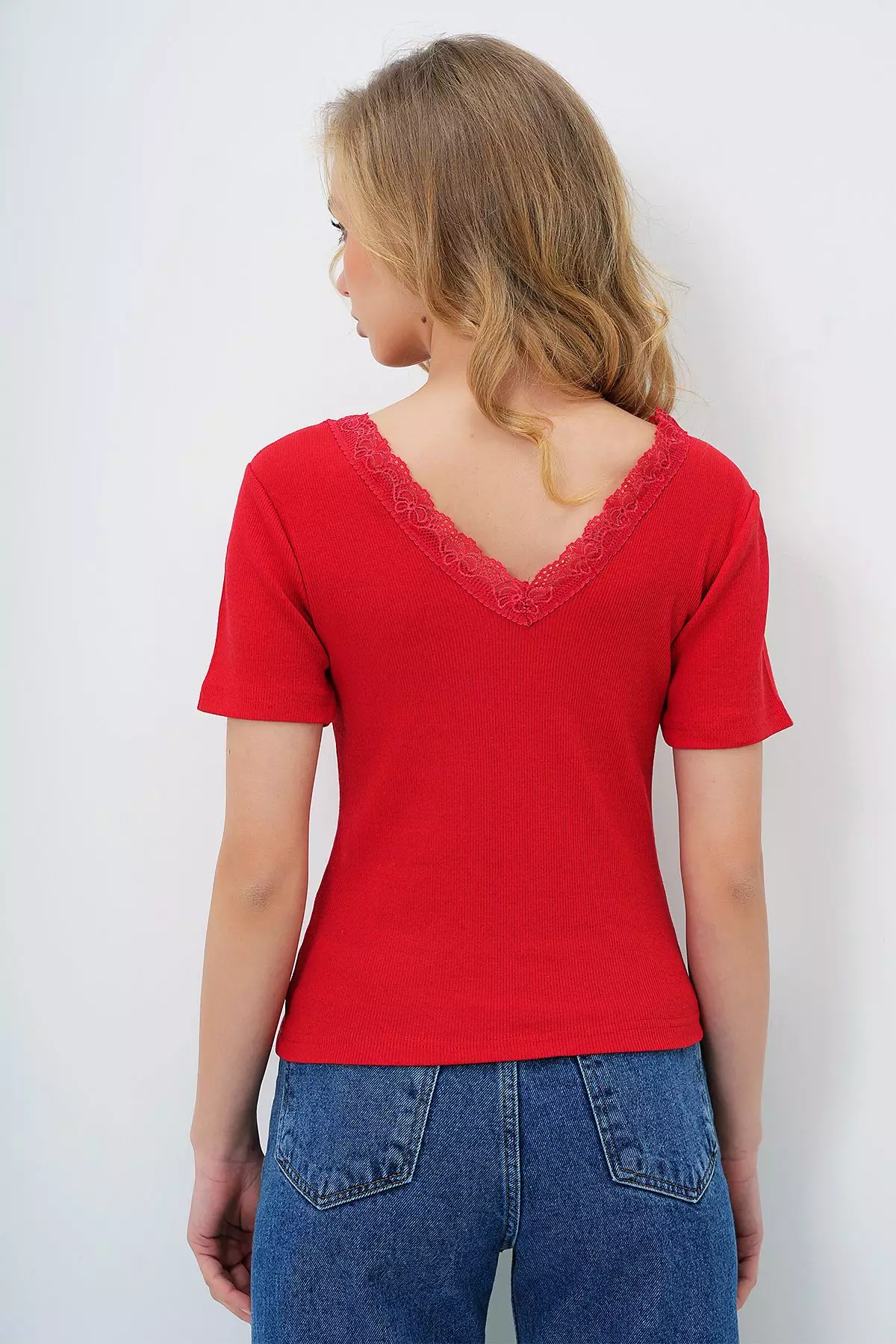 Women's Red Front Back V Neck Lace Detail Short Sleeve Blouse