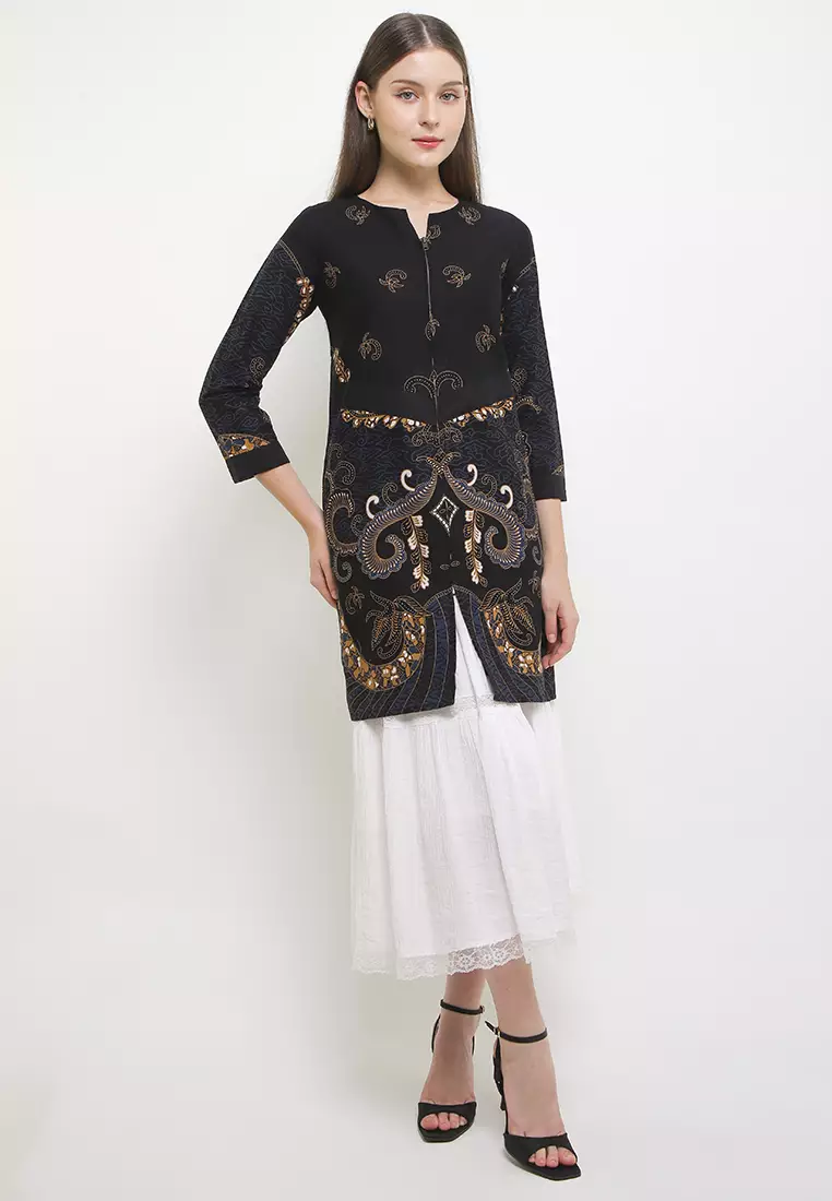 Tunik Outer Vest Cardigan Muslim Atasan Wanita Batik Katun Premium Andine  Dark Lengan Panjang