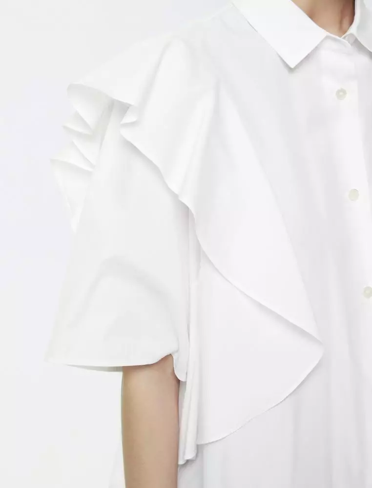 Ruffle Trim Polo Collar Short Sleeve Shirt