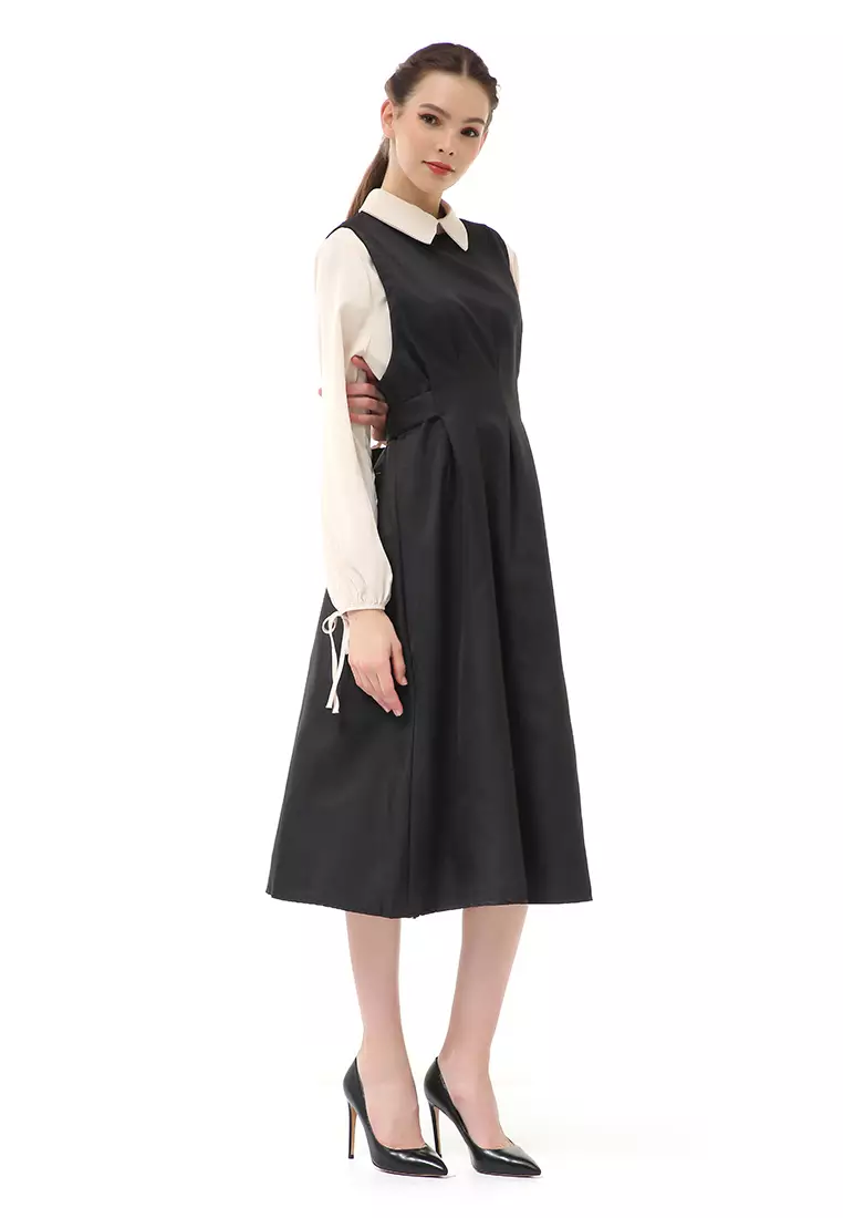 Rachel Midi Dress Wanita Slim Waist Lengan Karet Kombinasi Warna Material Cotton ORIGINAL - Black