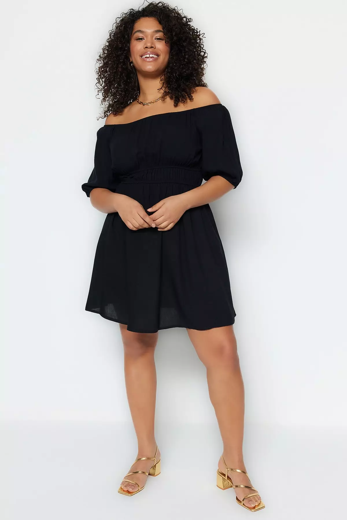 Buy Trendyol Plus Size Black Weave Carmen Collar Waist Detailed Dress ...