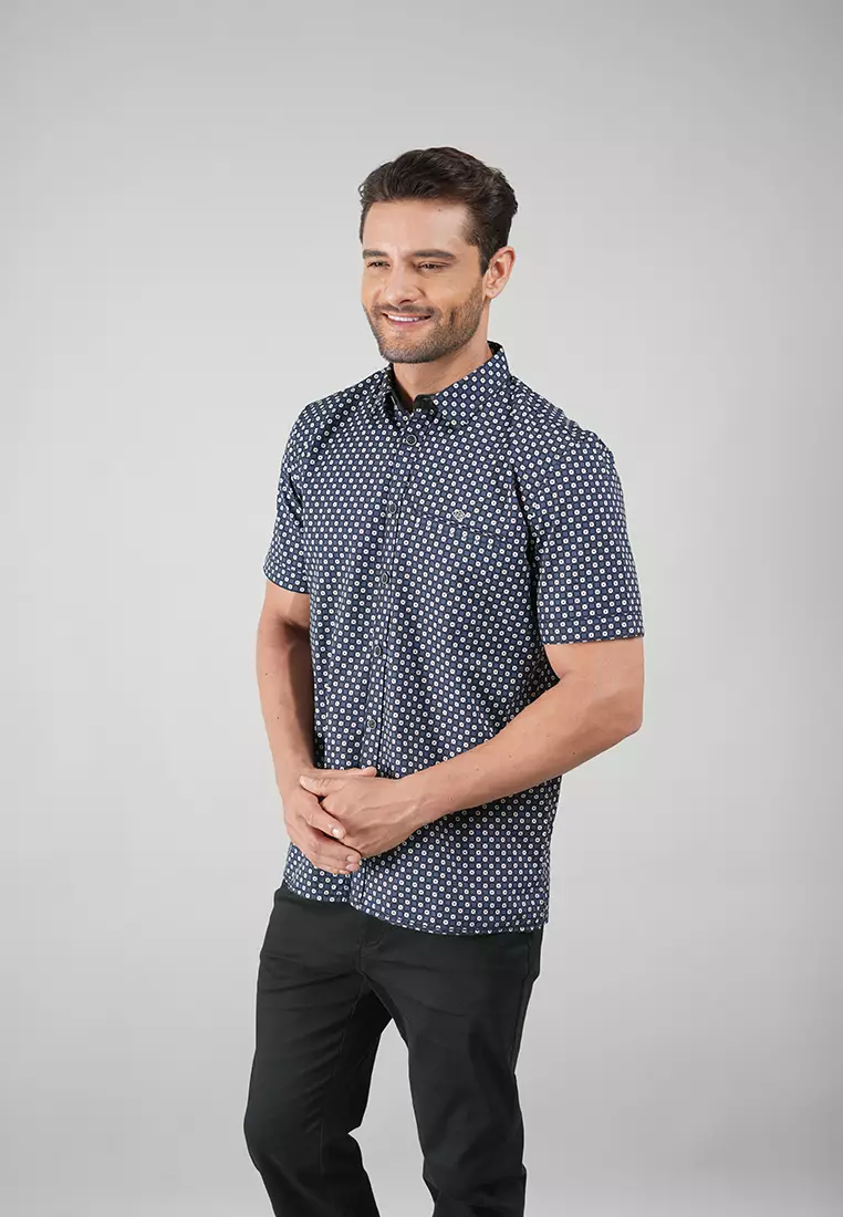 LGS - Kemeja Casual Pria Lengan Pendek Motif Full Polkadot - Navy - CSH.272.S730.1280.C