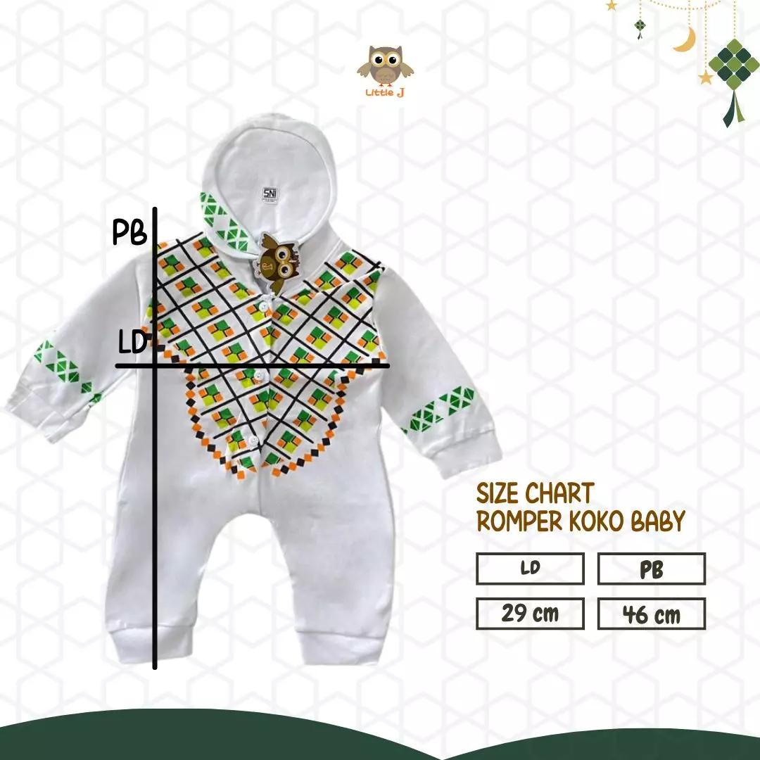 Little J - (1522 WHITE YELLOW) Raya Collection Romper Koko Baby Setelan Baju Koko Bayi SNI Muslin Cowok Jumper Koko 0-9 Bulan Peci Double Knitted Sablon Aplikasi Kudung 3 Kancing Hidup