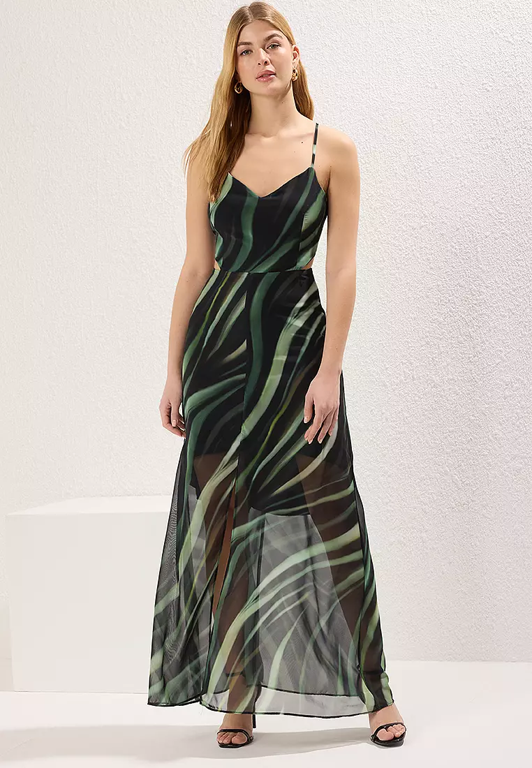 Green A-Line Lined Window/Cut Out Detailed Maxi Woven Dress