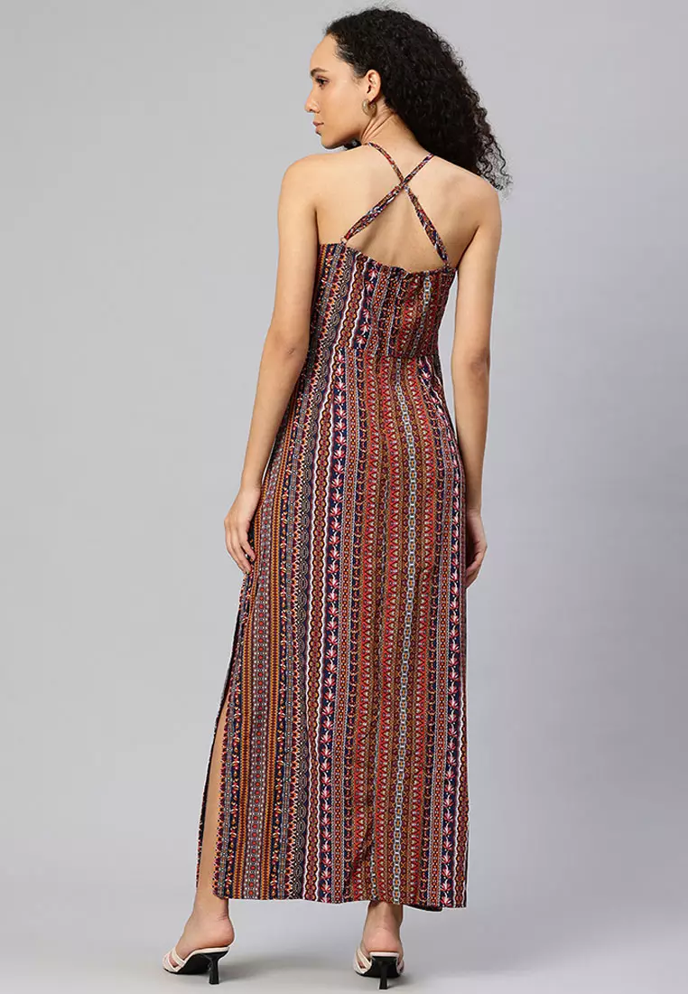 Gaun Maxi Belahan Samping Belakang Silang Warna Multi