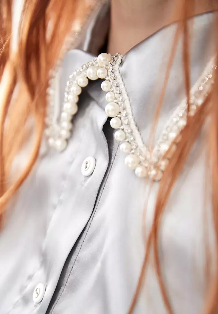 Grey Satin Blouse With Pearl Collar Detail