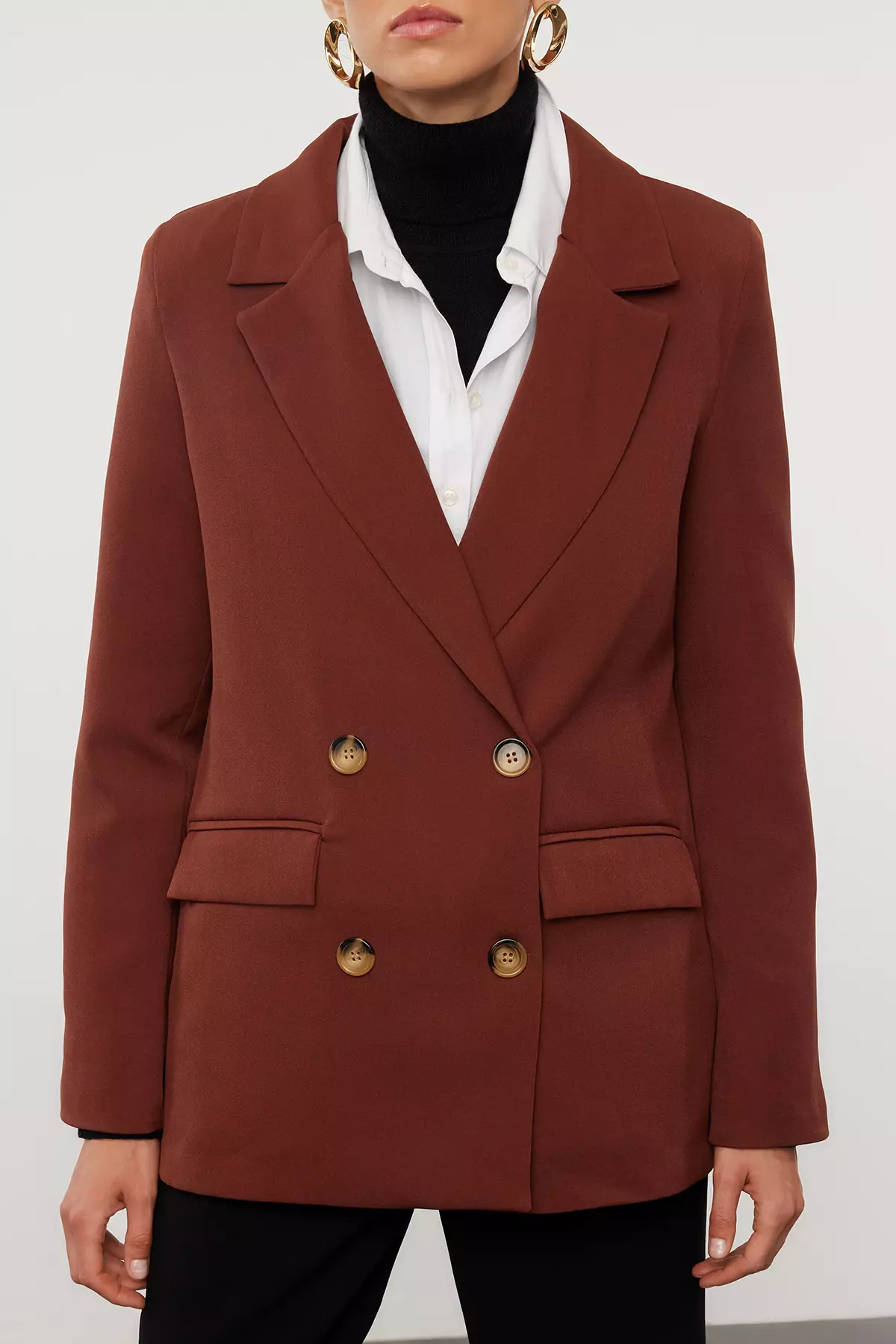 Dark Brown Regular Lined Double Breasted Closure Woven Blazer Jacket TWOAW21CE0264