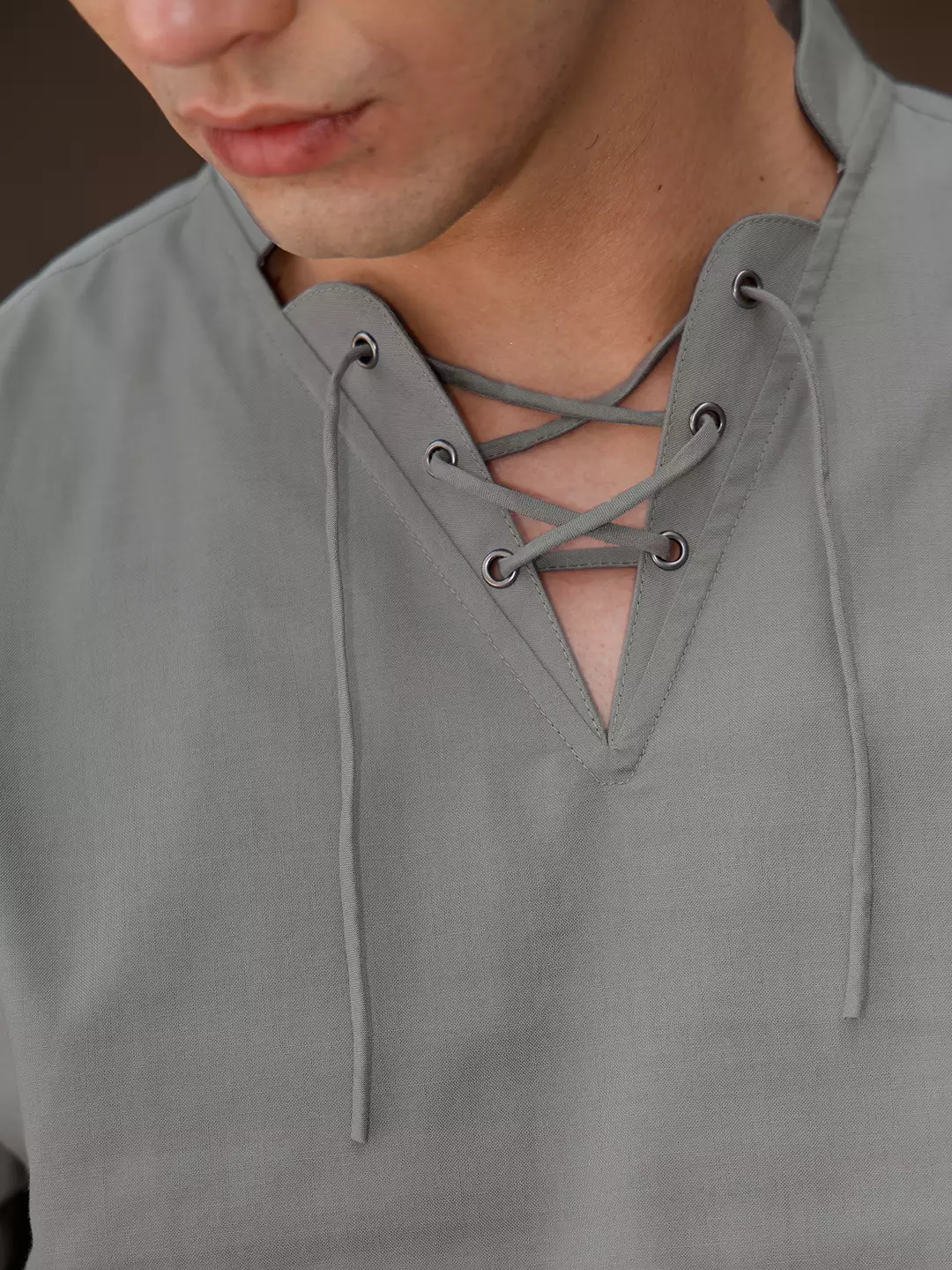 OXCON ZUHUD Kemeja koko Modern Linen Look Collarless Shirt Silver Sand