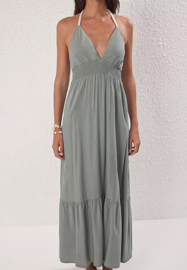 Khaki Maxi Woven Beach Dress Tbess25El00109