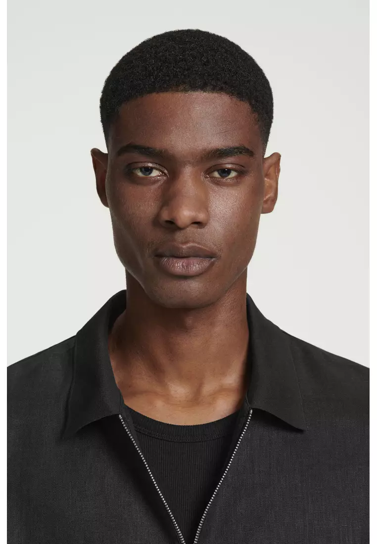 CONTRAST-PANEL LINEN HALF-ZIP POLO SHIRT