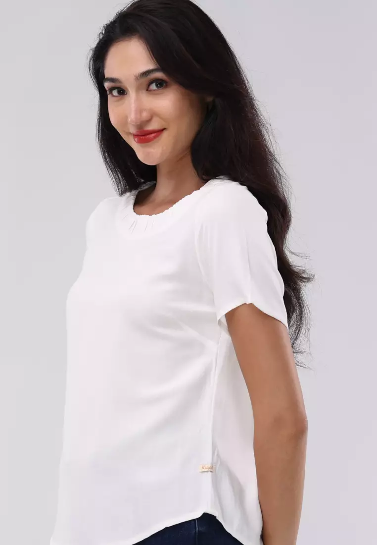 Bold Twill Short Sleeves Round Neck Blouse
