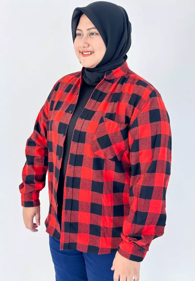 Kemeja Flanel Panjang Wanita (Jumbo Fit BB 95 kg) Merah - Hitam