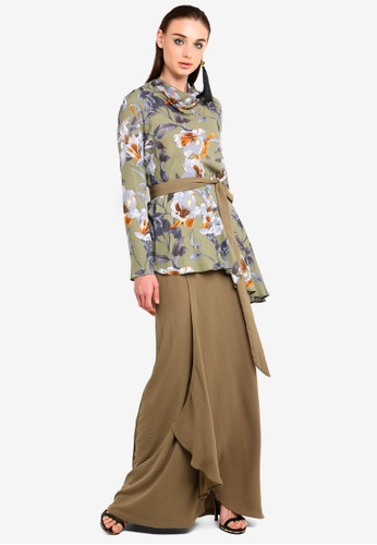 Ixora Belted Kurung from Justin Yap Collection in black and Green
