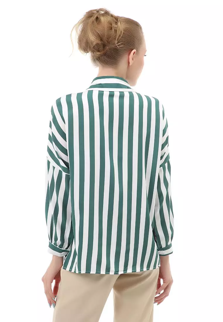 Holly Atasan Kasual Wanita Kemeja Lengan Panjang Striped Motive Material Twiscone ORIGINAL - Green