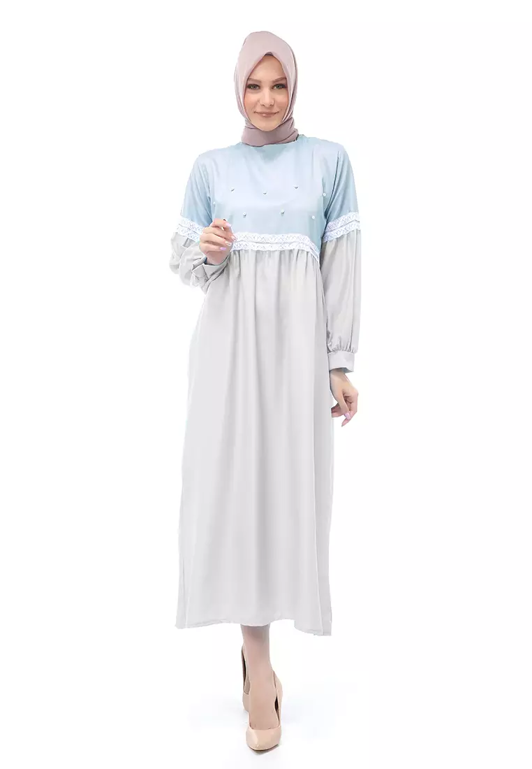 Sarinah Gamis Muslimah Panjang Atasan Wanita Motif Mutiara Regular Fit - Silver