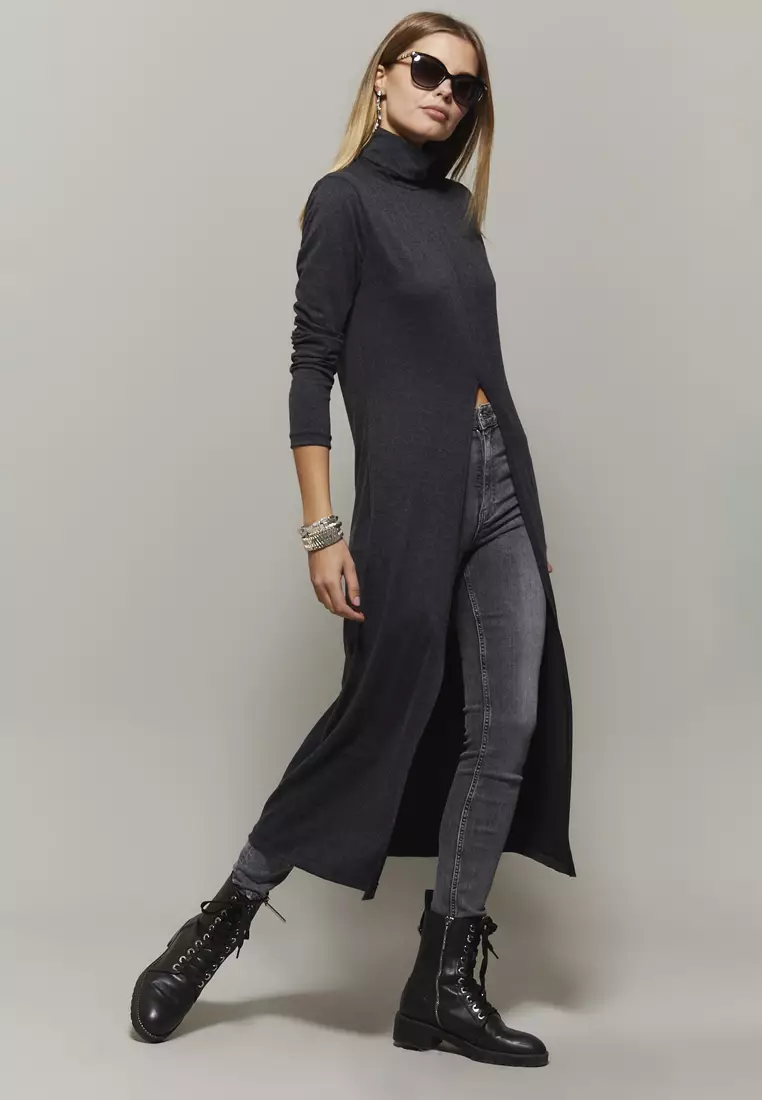 Be Cool Side Slit Mock Neck Long Sleeve Tunic Top