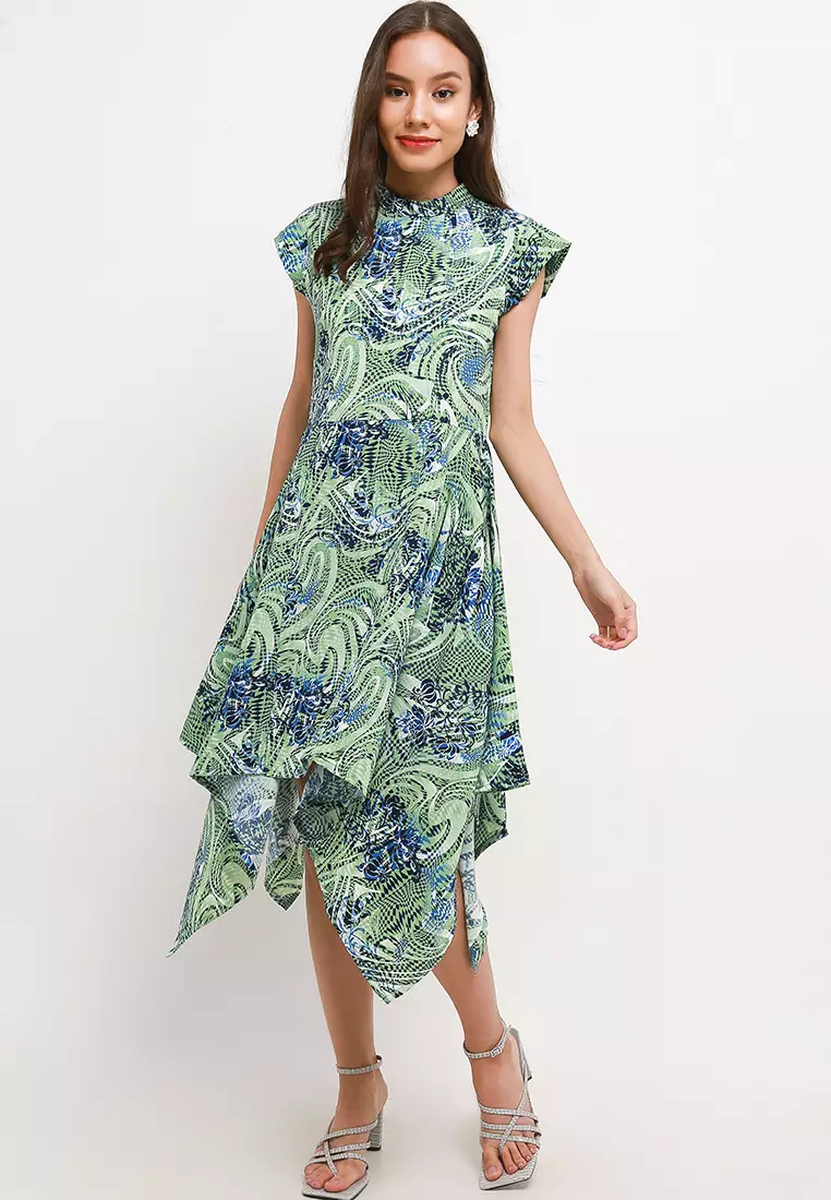 Ardalia Assymetrical Dress In Green Blue Print