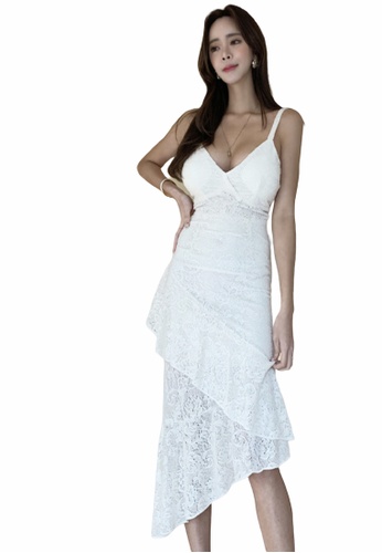 Crystal Korea Fashion white Korean banquet temperament slim-fit lace fishtail suspender dress D5776AAA8BDDEBGS_1